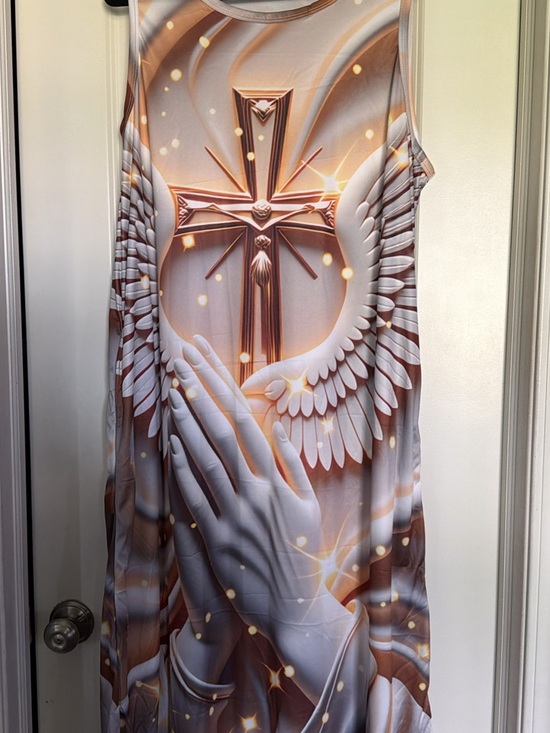 Temu Dresses & Skirts - Sleeveless Maxi Dress with Angel Wings & Cross Print - Brown and White